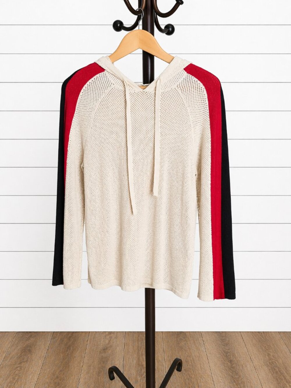 INC International Concepts Women Cream Mesh Knit Hooded Sweater Top Size S